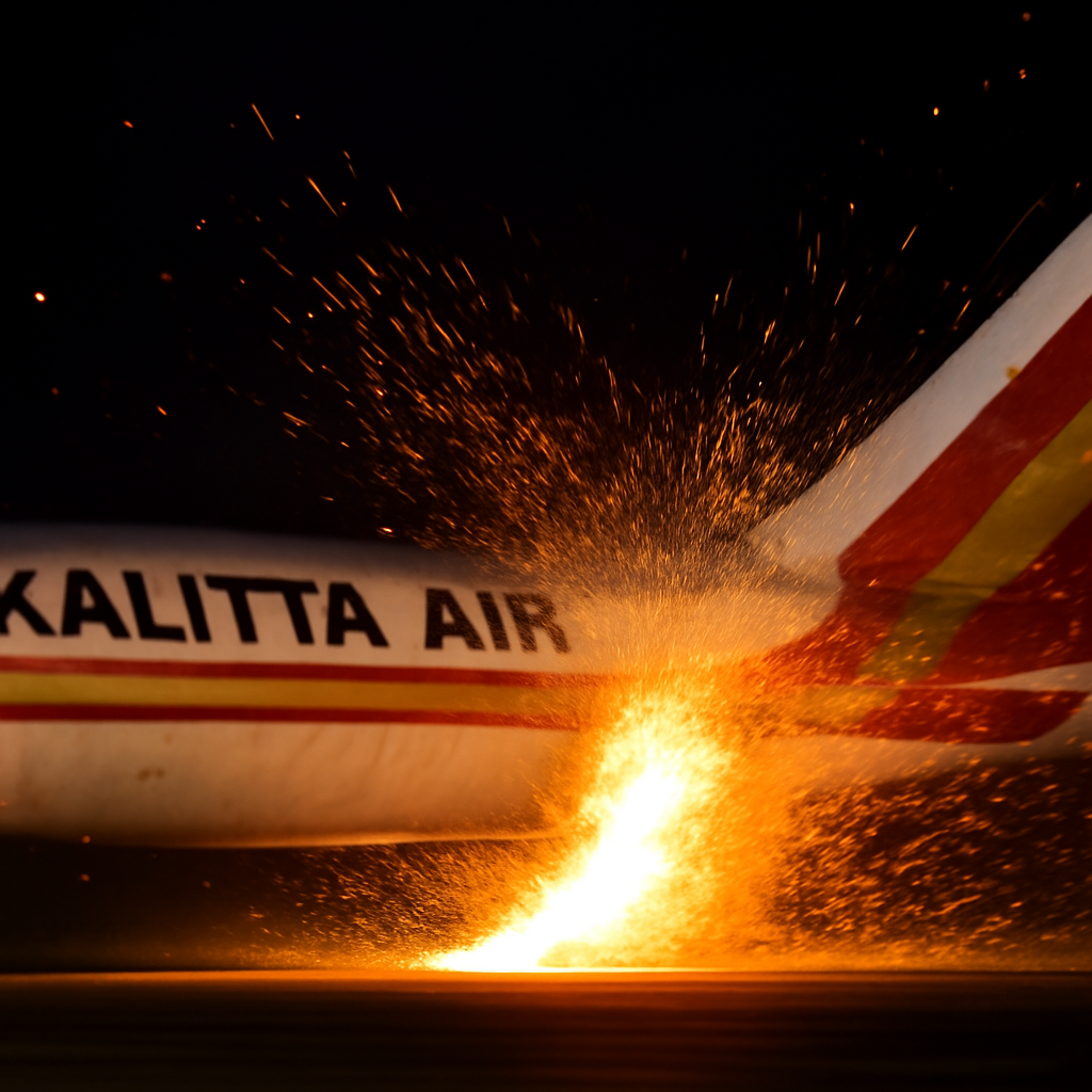Sparks Erupt Following Tail Strike of Kalitta Air Boeing 777-300 at Cincinnati Airport